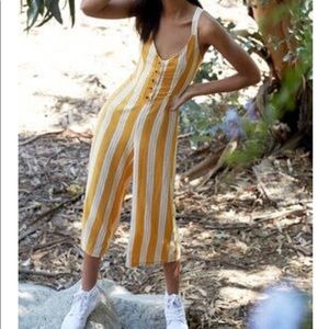 Tie back button front white yellow stripe jumpsuit